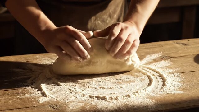 Hands Kneading Dough on Wooden Surface - The video shows a pair of hands kneading dough on a floured wooden table, capturing the process of bread making.