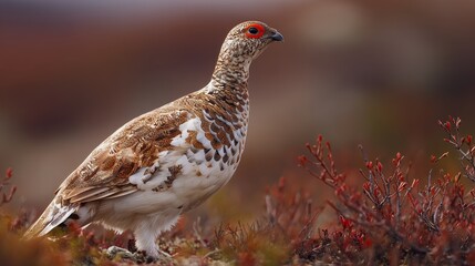 A friendly Willow Ptarmigan stands alert on the tundra near willow thickets, its mottled brown summer plumage blending subtly into the landscape 
