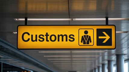 Yellow International Airport Customs Directional Signage for Border Control Immigration and Global Travel Logistics in Terminal Hallway