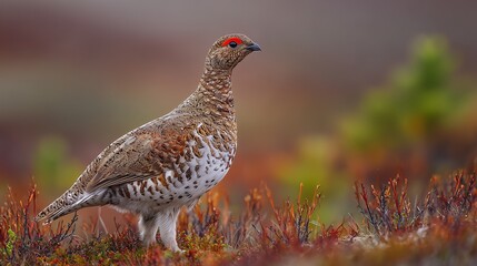 A friendly Willow Ptarmigan stands alert on the tundra near willow thickets, its mottled brown summer plumage blending subtly into the landscape 
