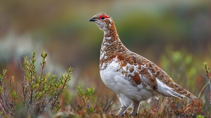 A friendly Willow Ptarmigan stands alert on the tundra near willow thickets, its mottled brown summer plumage blending subtly into the landscape 
