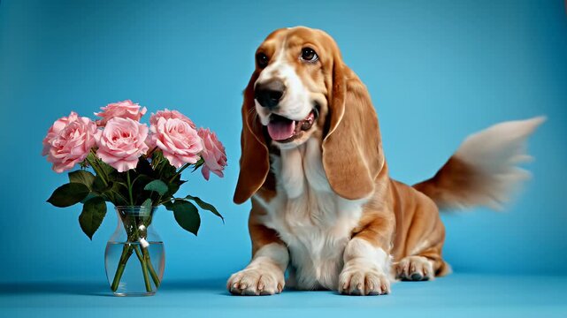Basset Hound with Roses - A happy Basset Hound sits patiently next to a vase of pink roses. The dog has a tan and white coat and large, floppy ears against a blue background.