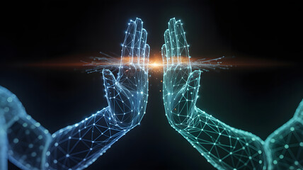 Digital human hands connected in futuristic network signifying technology partnership and artificial intelligence