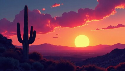 Saguaro cactus silhouette against a vibrant desert sky, photo, background