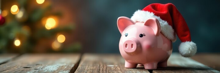 Santa hat adorned piggy bank, festive backdrop for Christmas savings theme, holiday season, finance