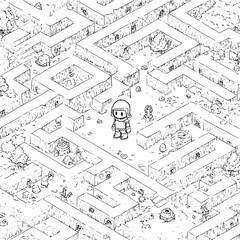 Astronaut in Complex Maze with Cartoon Characters