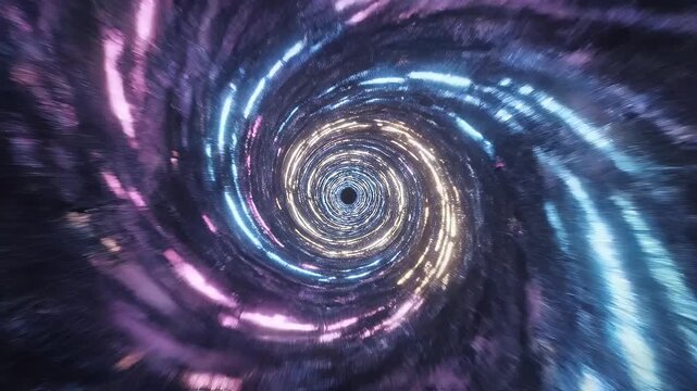 Spiral Galaxy Vortex - A captivating video showcasing a swirling spiral galaxy, with bright, luminous streaks of light converging towards a dark center.