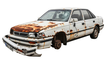 Abandoned white sedan with extensive rust and damage