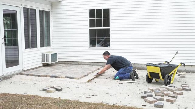 Man working on his home DIY project building a paver patio in his back yard