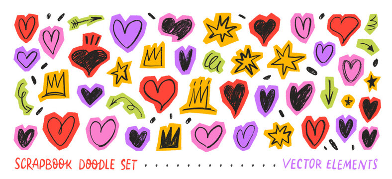 Colorful funky hearts, crown and star scrapbook stickers set. Crayon drawn scribble doodle collage elements. Vector scrapbook collage stickers for hand drawn journaling, dairy, notebooks.