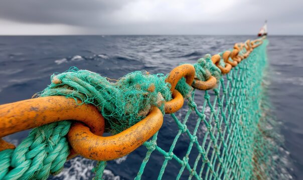 Deep sea trawling net deployment with heavy duty net over ocean water at dusk