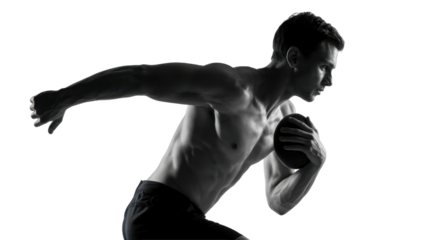 Muscular man running with football