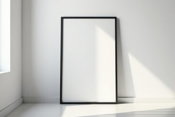 Sleek black frame leans against pristine white wall Minimalist interior design mockup , gallery, digital