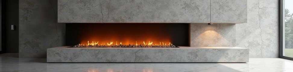 Sleek minimalist fireplace, concrete surround, contemporary, warm, fire pit