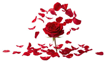 Red rose blooming surrounded by falling flower petals on transparent background 3d render