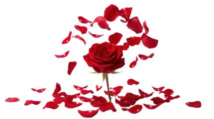 Red rose blooming surrounded by falling flower petals on transparent background 3d render