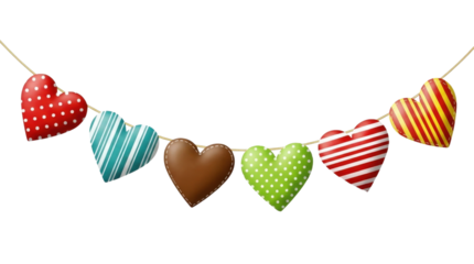 Colorful heart bunting garland with dots and stripes patterns on string alpha background
