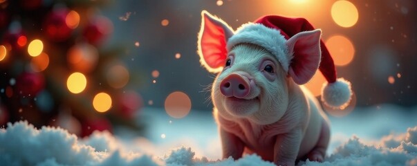 Smiling pig wearing Santa hat, sparkly Xmas scene , red, snow