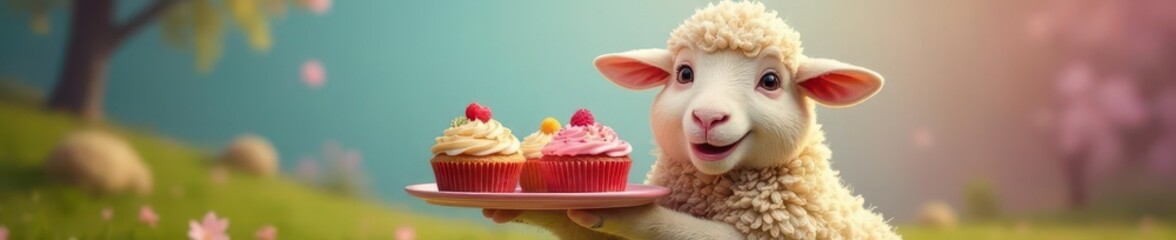 Smiling sheep offers tray of decorated cupcakes , tray, whimsical, cupcake