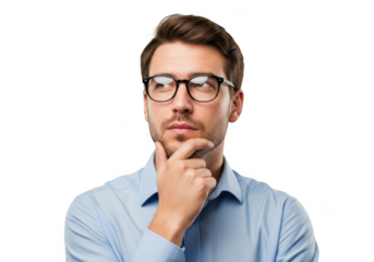 Man in glasses thinking deeply isolated on transparent background