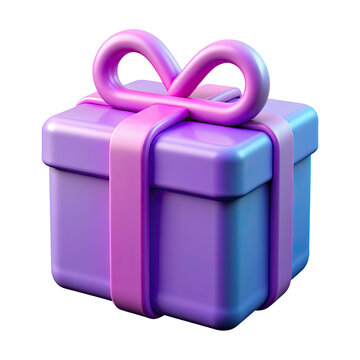 Playful 3d purple gift box icon with glossy plastic ribbon in pastel neon y2k style isolated on transparent background.