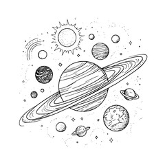 Saturn Planet with Rings and Moons in Space