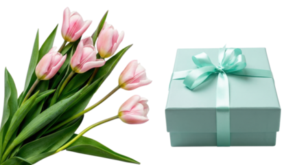 pink tulips and gift box on transparent background, romantic surprise for someone special