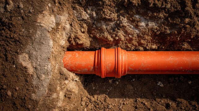 Underground orange PVC sewer pipe installation in soil trench with visible joint coupling
