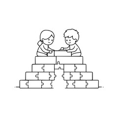 Children Building Puzzle Together on Stacked Blocks