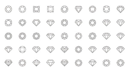 A minimalistic black and white vector illustration set features diamond and gemstone icons arranged in a grid. The icons utilize thin line art with geometric facets portraying various cuts such as rou