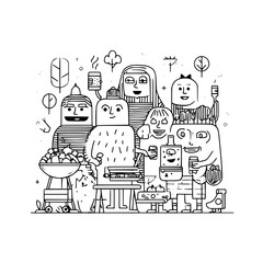 Cartoon Characters Celebrating with Food and Drinks in Party