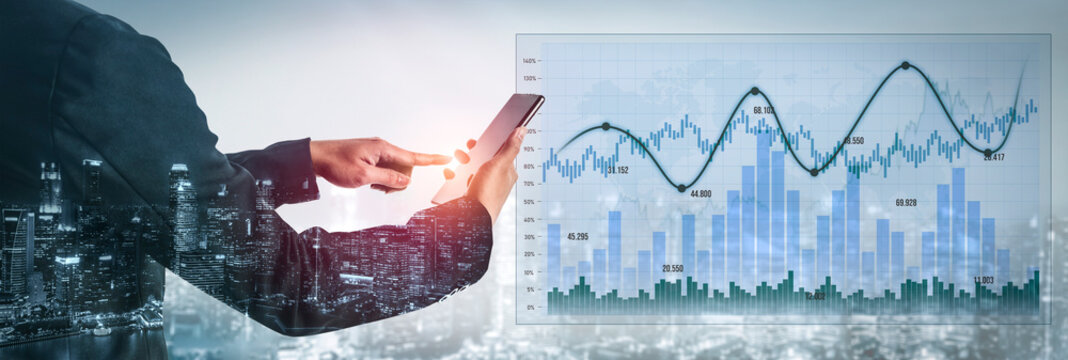 Business professional in urban environment analyzes financial data using smartphone, symbolizing the integration of technology and data in modern business strategy. Scalp - Powered by Adobe