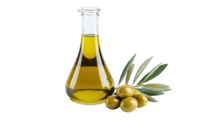 A clear glass bottle filled with golden olive oil accompanied by fresh olives and leaves