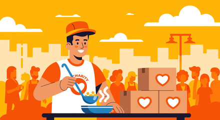 Volunteer Serving Food to Community Charity Event Illustration.