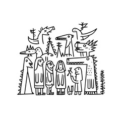 Tribal People Standing with Dinosaurs in Forest