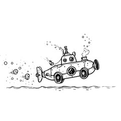 Submarine Exploring Ocean with Bubbles and Fish