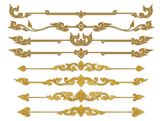 Set of golden Thai borders and dividers with traditional luxury line ornaments for page decoration, classic Thailand art inspired frames, separators and elegant decorative graphic design elements