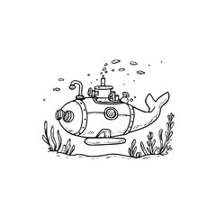 Submarine Exploring Ocean Floor with Seaweed