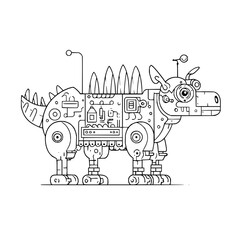 Robotic Dinosaur Standing on Wheels with Circuits Isolated on White
