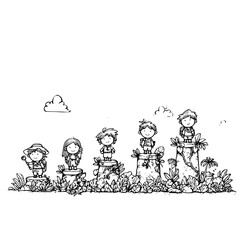 Children Planting Flowers in Garden