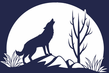 A lone wolf howls at the full moon against a stark, stylized night landscape.
