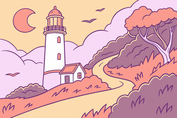 A serene pastel landscape featuring a coastal lighthouse, a small house, and a winding road under a soft sky.