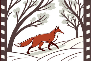 A Red Fox with a Full Winter Coat Walks Through a Snowy Forest Landscape