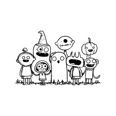 Cartoon Monsters Group Standing in Grass