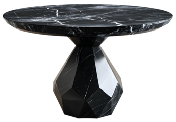 A stylish marble table with a unique geometric design. The table showcases intricate veining patterns and a modern aesthetic