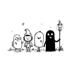 Ghostly Friends Standing Under Moonlight with Lantern