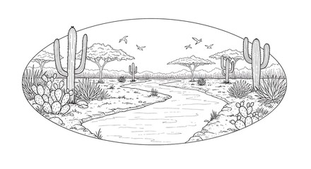 Black and white line art illustration of a desert landscape with a winding river, cacti, acacia trees, and birds flying in an oval frame.