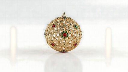 Detailed studio photography of a luxury golden filigree Christmas bauble with red and green gemstone accents on a reflective white surface.