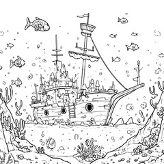 Underwater Pirate Ship with Fish and Coral Reef
