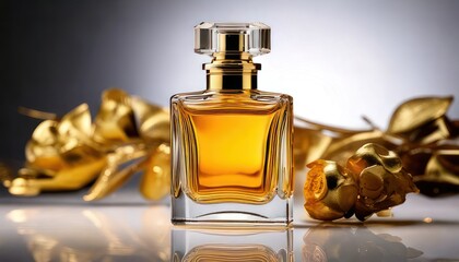 Elegant Perfume Bottle with Golden Accents and Floral Background.